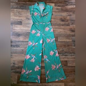 ILGWU Union Made Women’s Vintage 70's Bird Floral  Collared Front Zip Jumpsuit 9